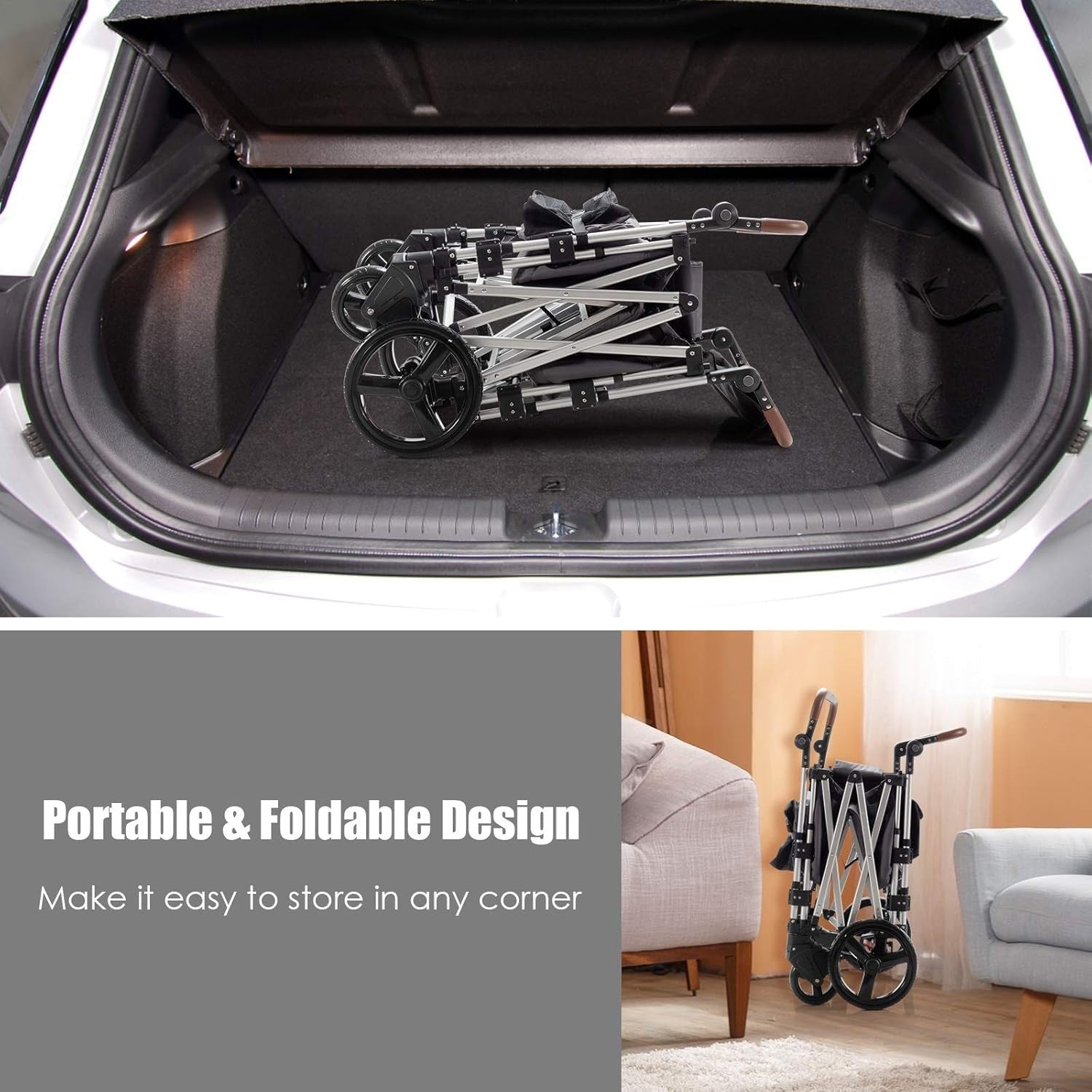 Grey Push Pull Stroller Wagon 2-Seater Folding Cart w/ Canopy 5-Point Harness