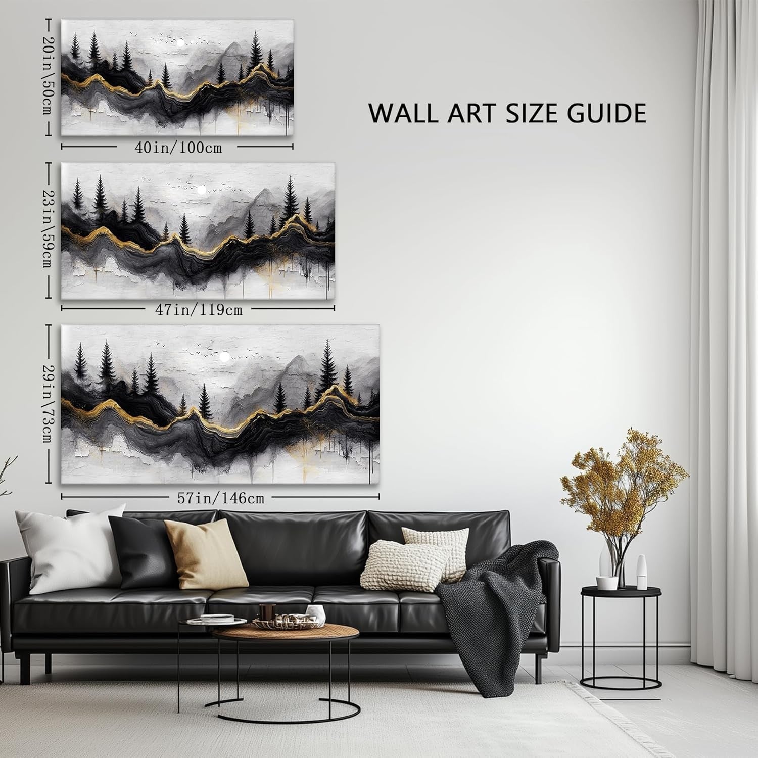 29"x57" Large Black Gold Abstract Forest Canvas Wall Art – XXL Decor
