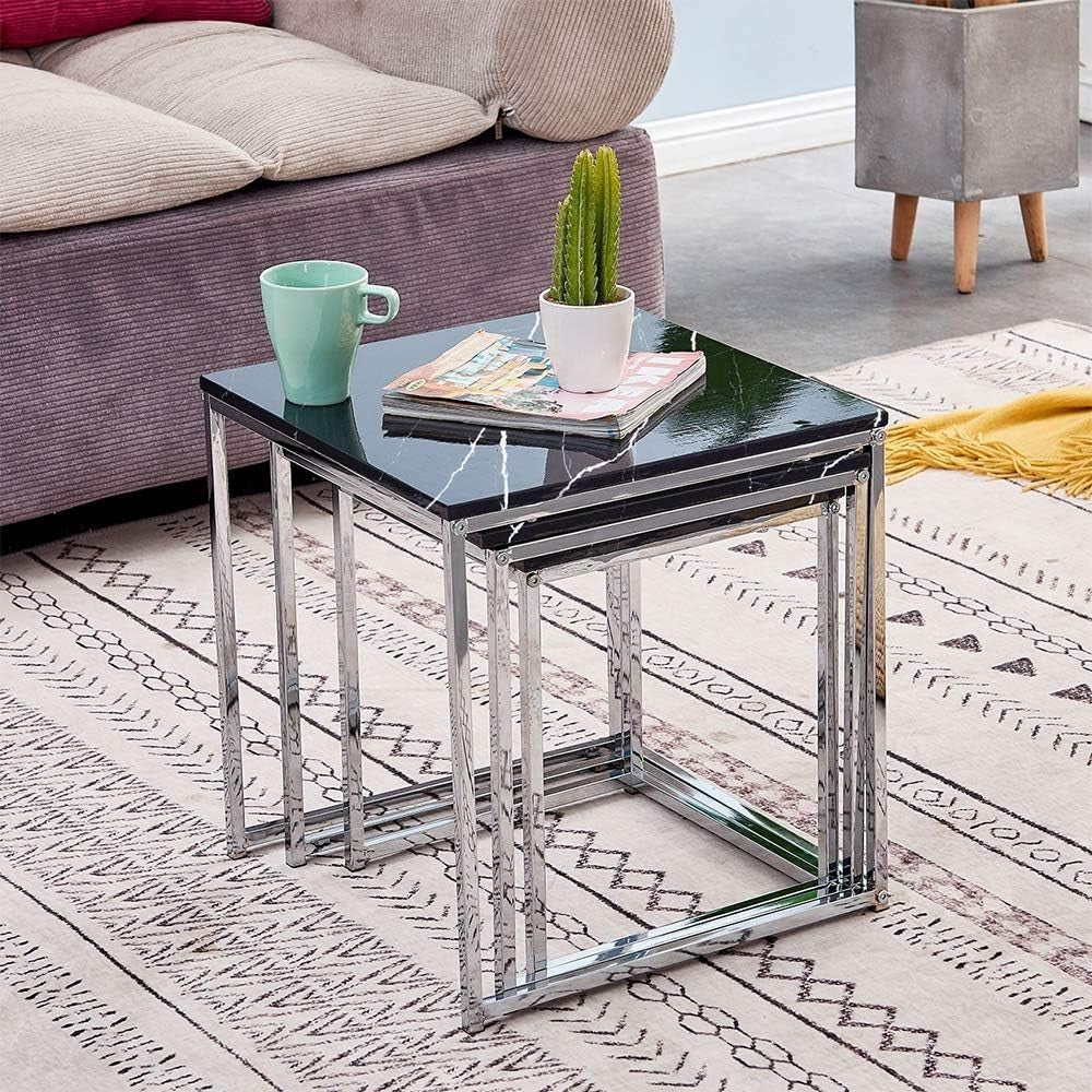 Modern Square End Table Black Marble Look Top Metal Legs Nightstand Accent