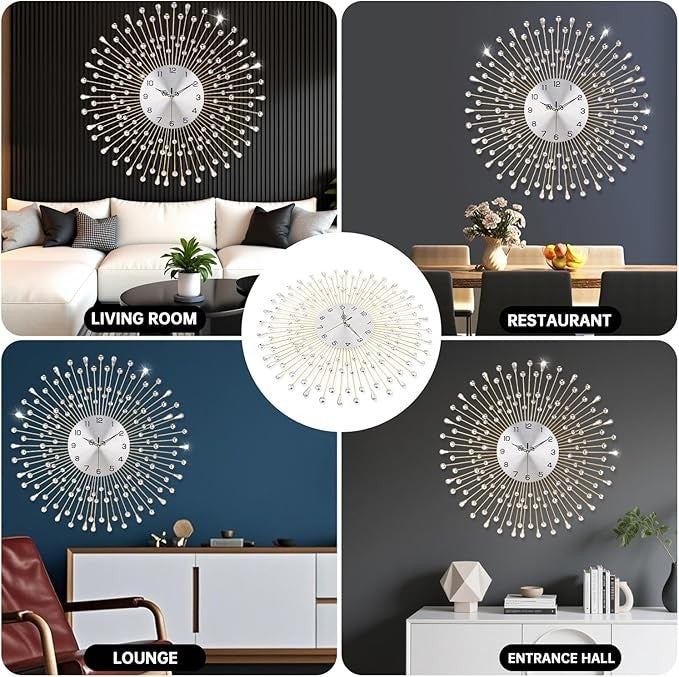 Large 70cm Gold Crystal Wall Clock Silent Luxury Metal Sunburst Modern Decor
