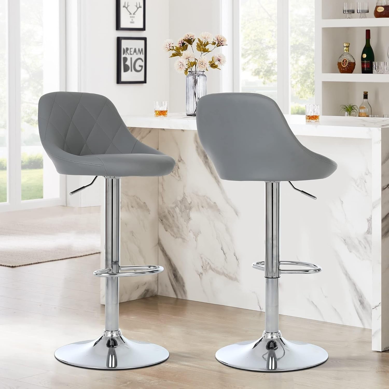 Set of 2 Adjustable Swivel Bar Stools – Grey L-Shape