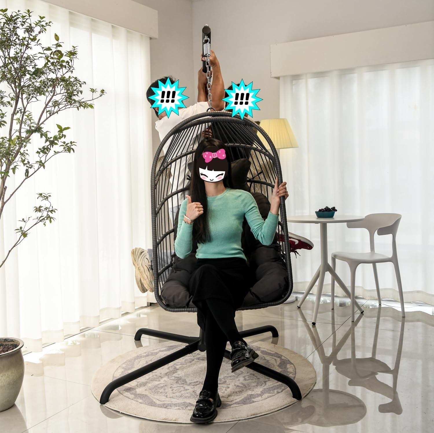 Hanging Swing Egg Chair with Stand & Soft Cushion for Indoor Outdoor Dark Grey