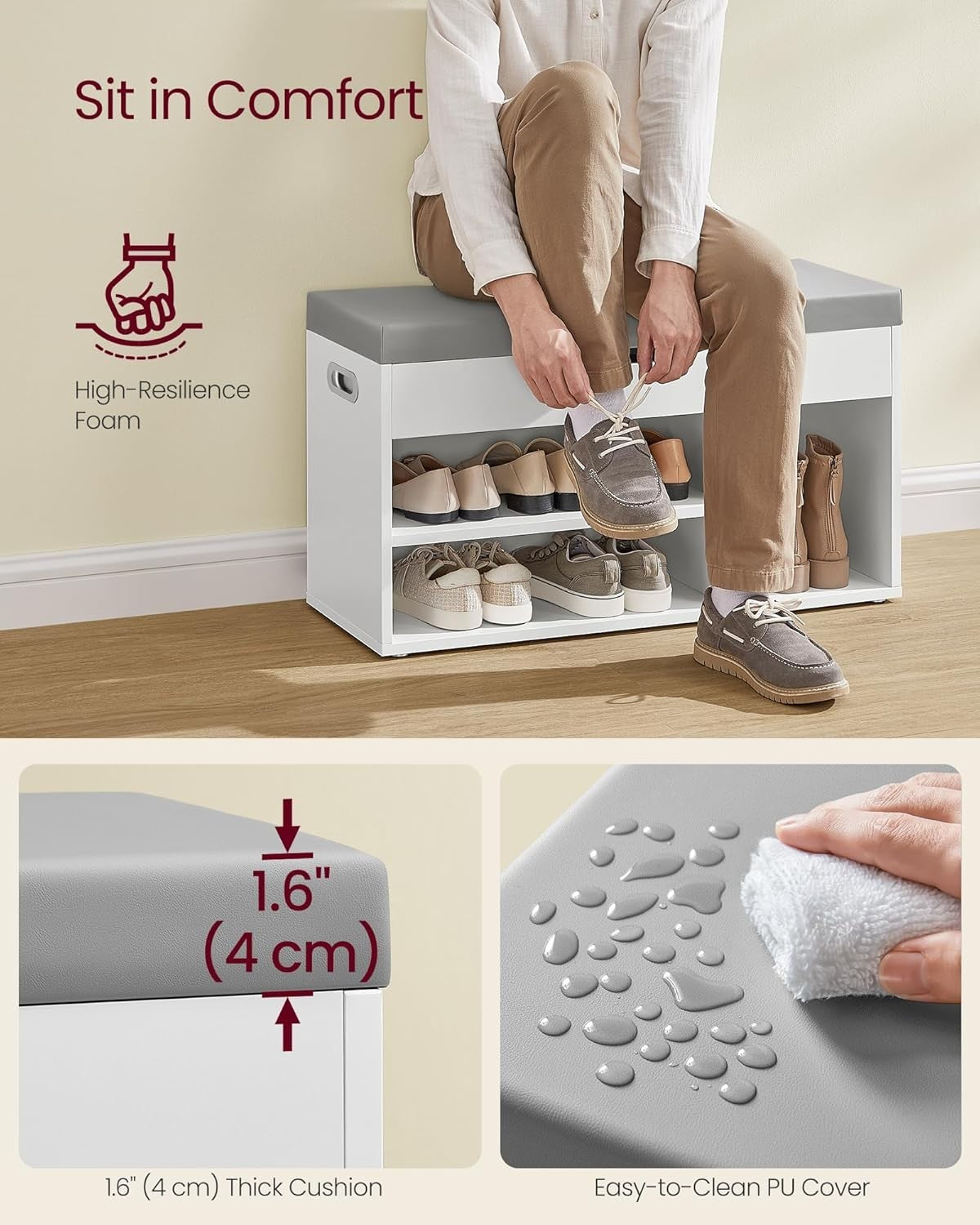 Cloud White Shoe Bench with Cushion & Storage, 3 Compartments, 80cm Wide