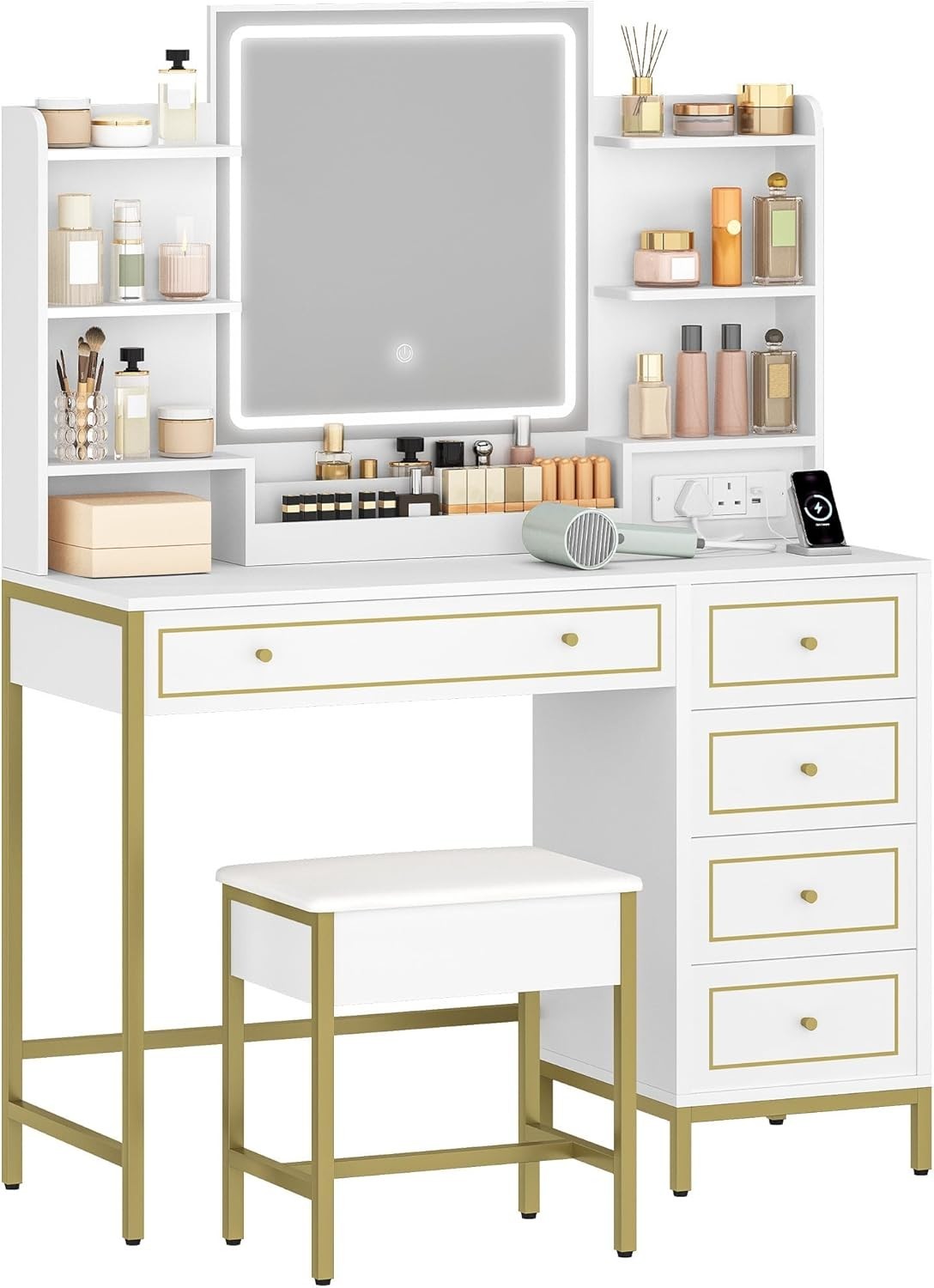 Luxury Dressing Table Vanity Makeup Desk Set w/ LED Mirror, 5 Drawers, Charging