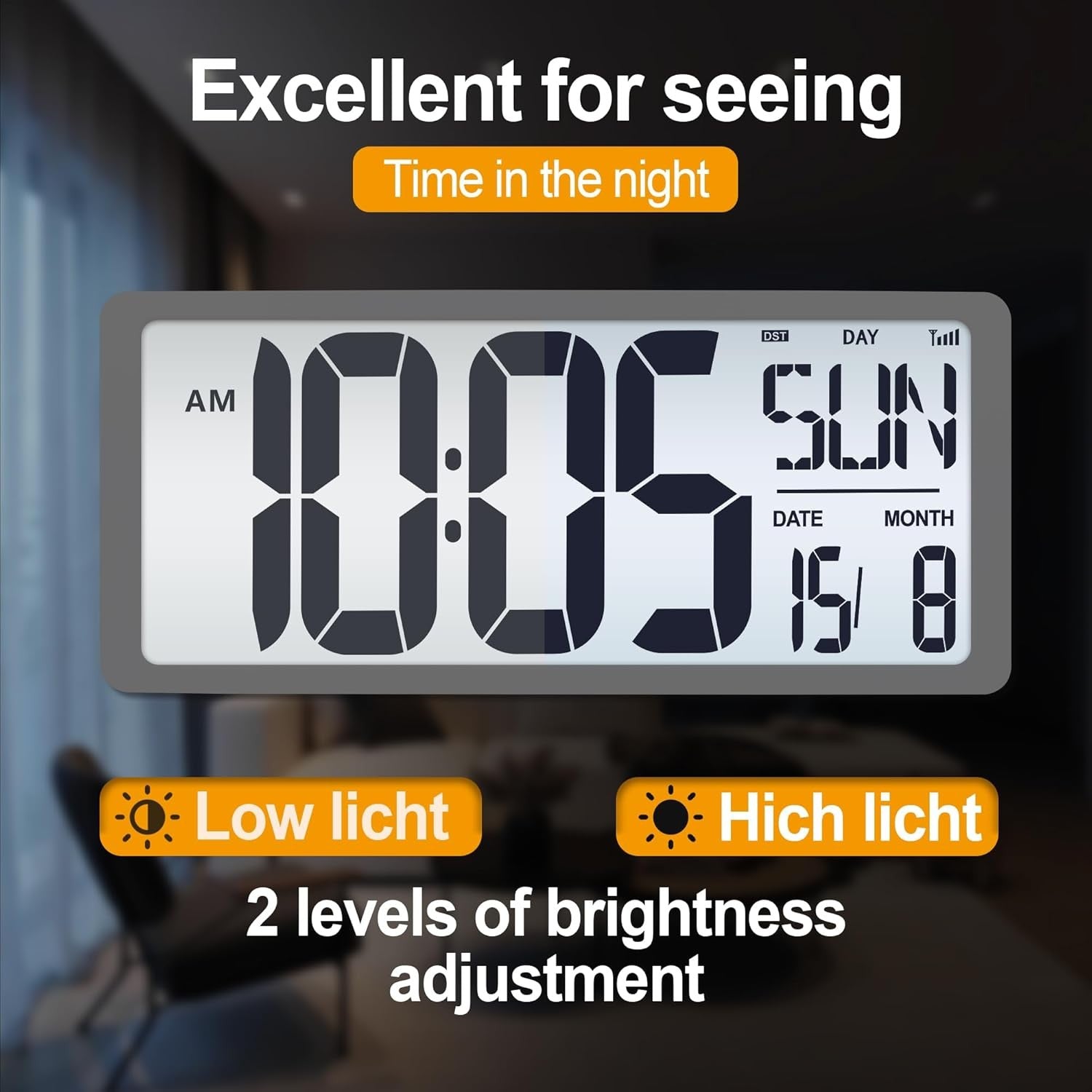 Large Atomic Digital Wall Clock 18.5'' Backlit Date Temperature Battery