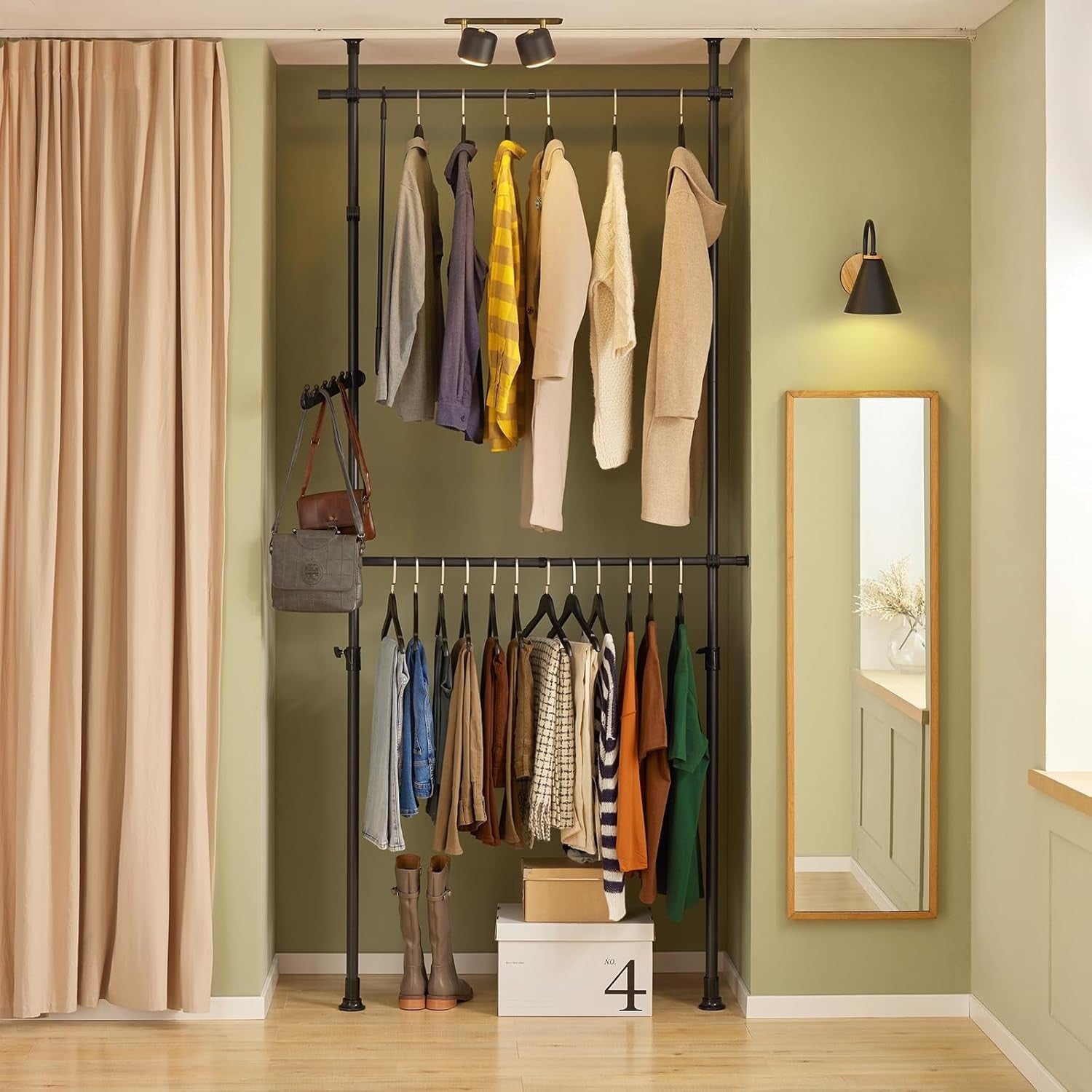 Telescopic Clothes Rail Adjustable Heavy Duty Open Wardrobe Black