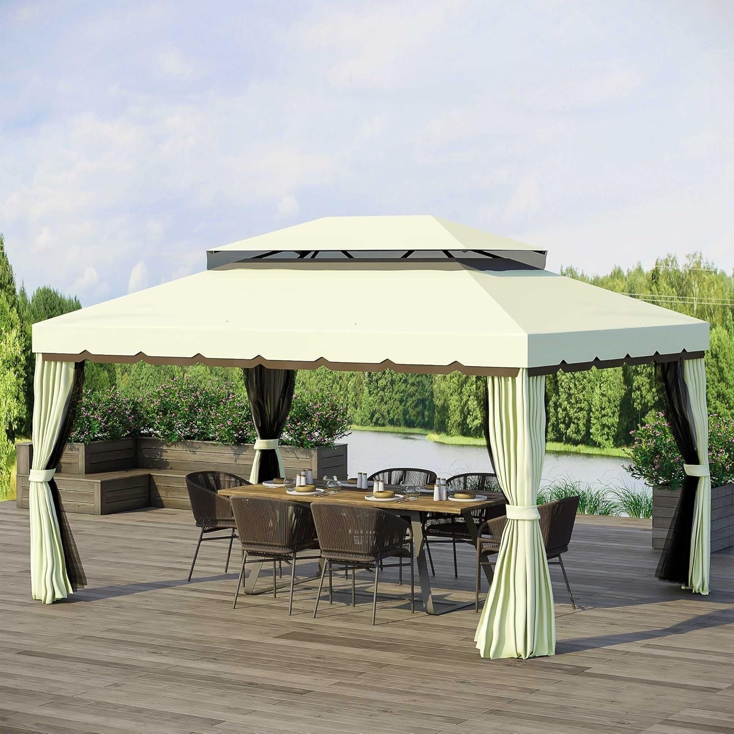 4x3M Aluminum Garden Gazebo Double Roof Canopy with Curtains & Netting