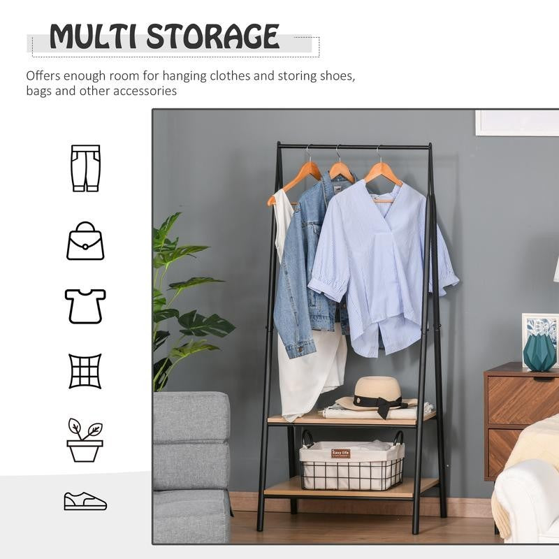 Freestanding Clothes Rack with 2 Shelves Black Metal Frame 64x149cm
