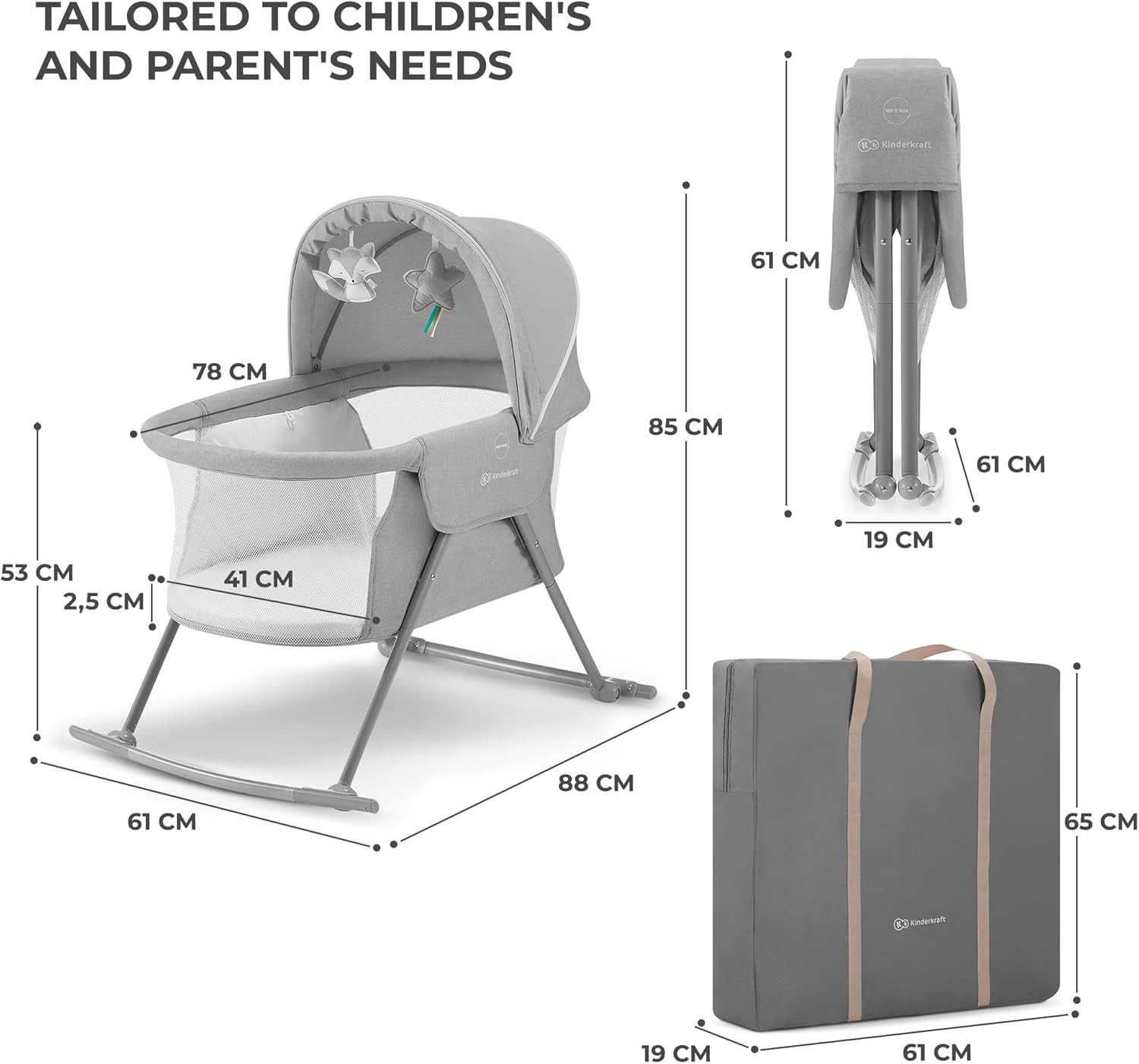 3in1 Baby Cradle Bassinet Folding Travel Cot with Mattress & Canopy