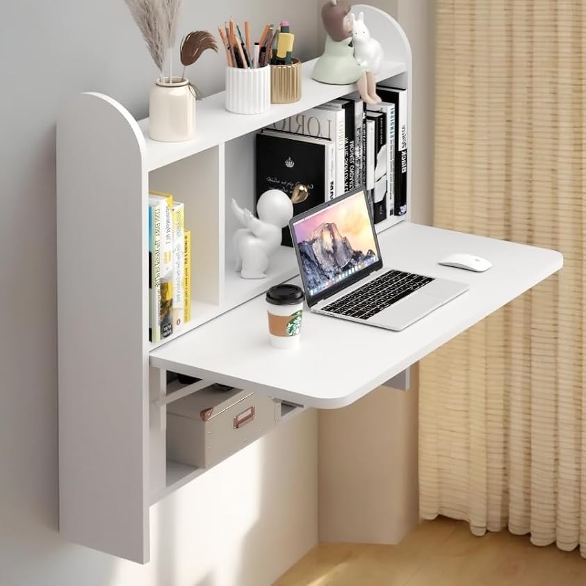 Wall Mounted Folding Desk Floating Laptop Table with Shelves Storage White