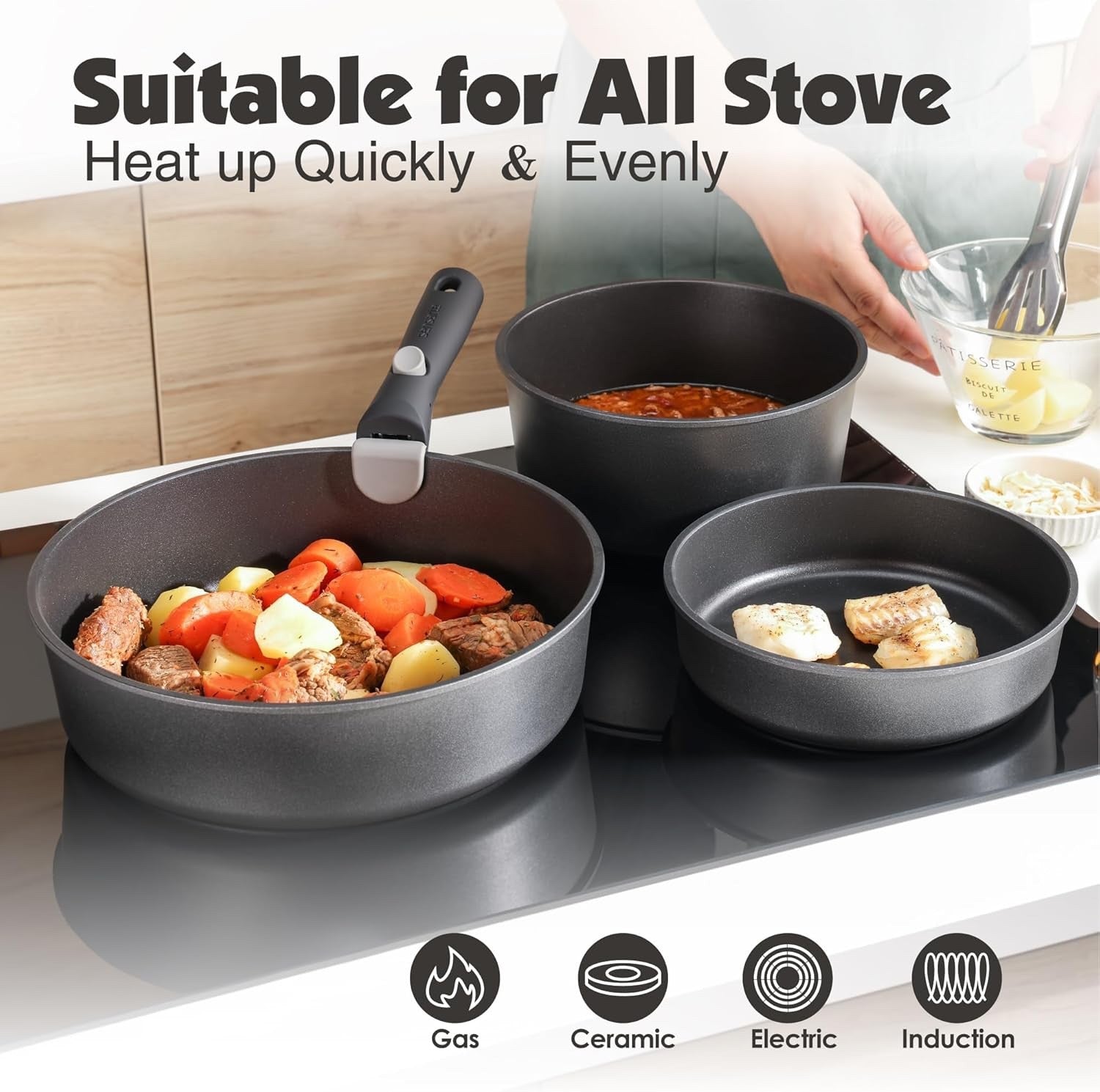 24pcs Black Non Stick Cookware Set Detachable Handle Induction Oven Safe
