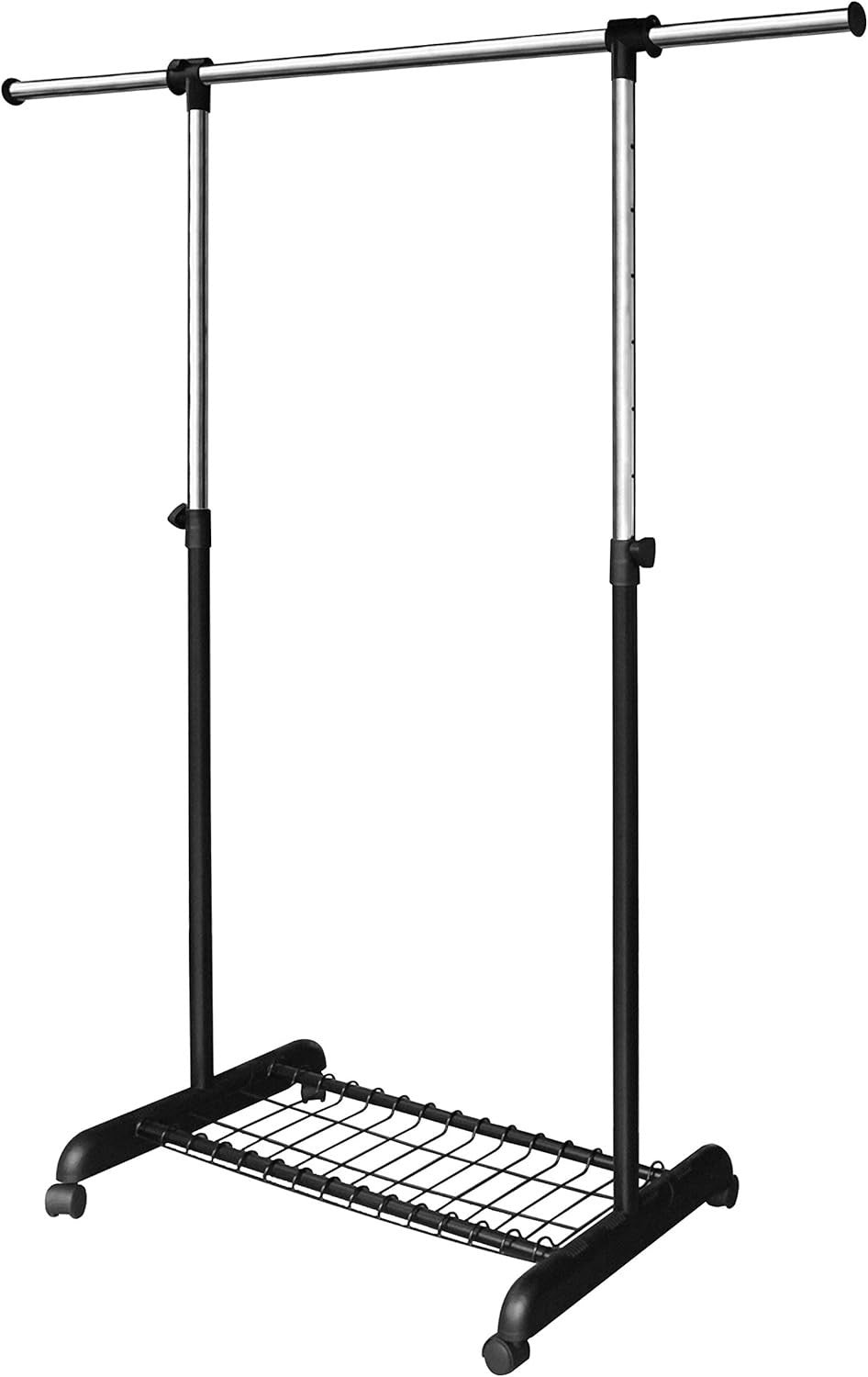 Heavy Duty Adjustable Clothes Rail with Wheels & Shelf – Chrome