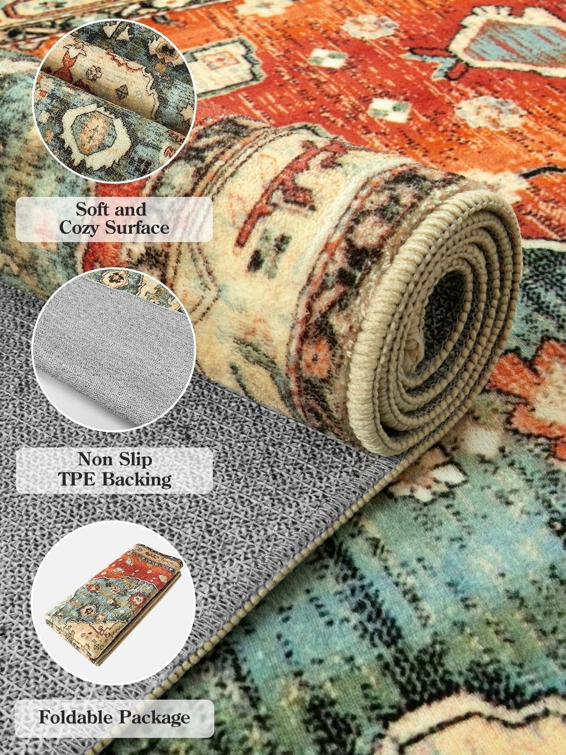 Vintage Boho Area Rug 150x210cm Washable Non Slip Short Pile Living Room