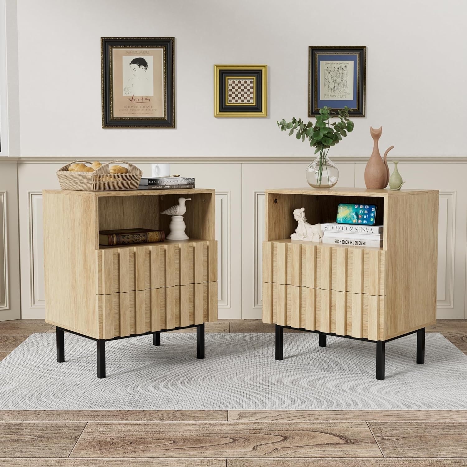 Set of 2 Modern Wood Bedside Tables with Drawers | Ivory White Nightstands