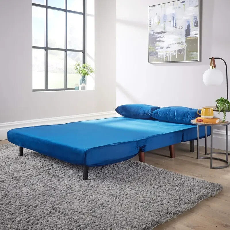 Velvet Double Sofa Bed Blue Folding Chair Sleeper Seat with Pillows