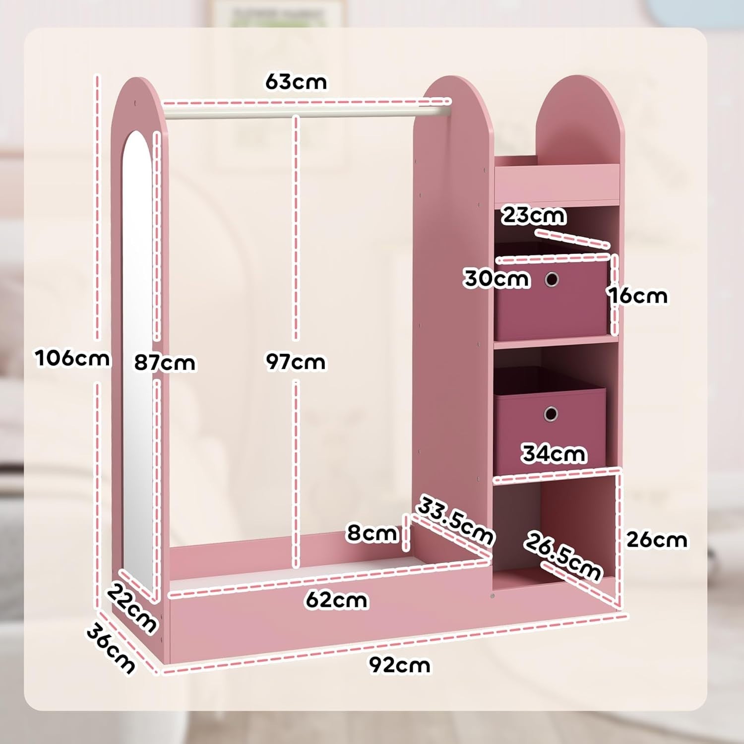 Kids Wardrobe with Mirror & Boxes, Dress Up Rail Pink