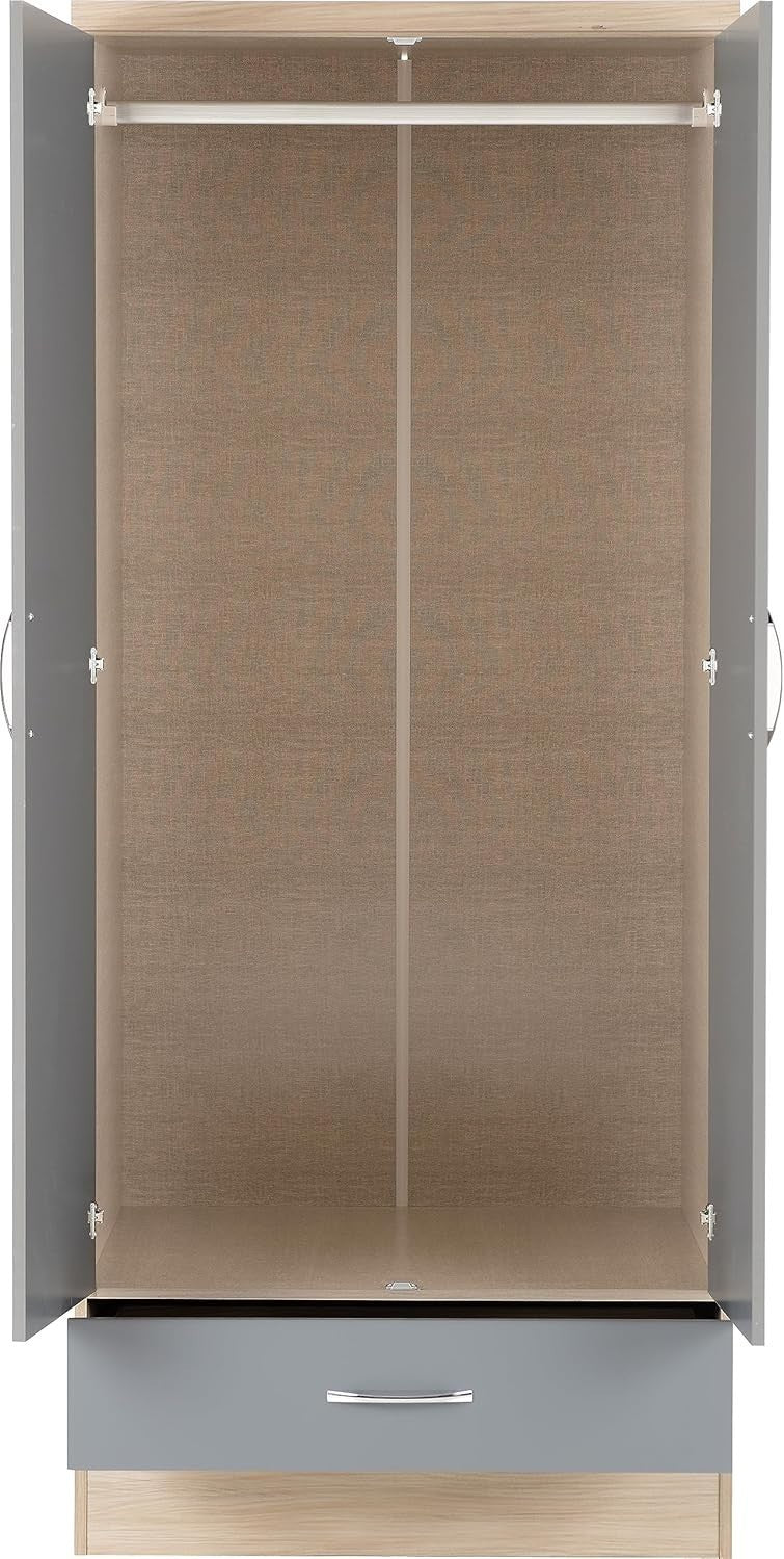 2 Door Mirrored Wardrobe with Drawer – Grey Gloss Oak Bedroom Storage