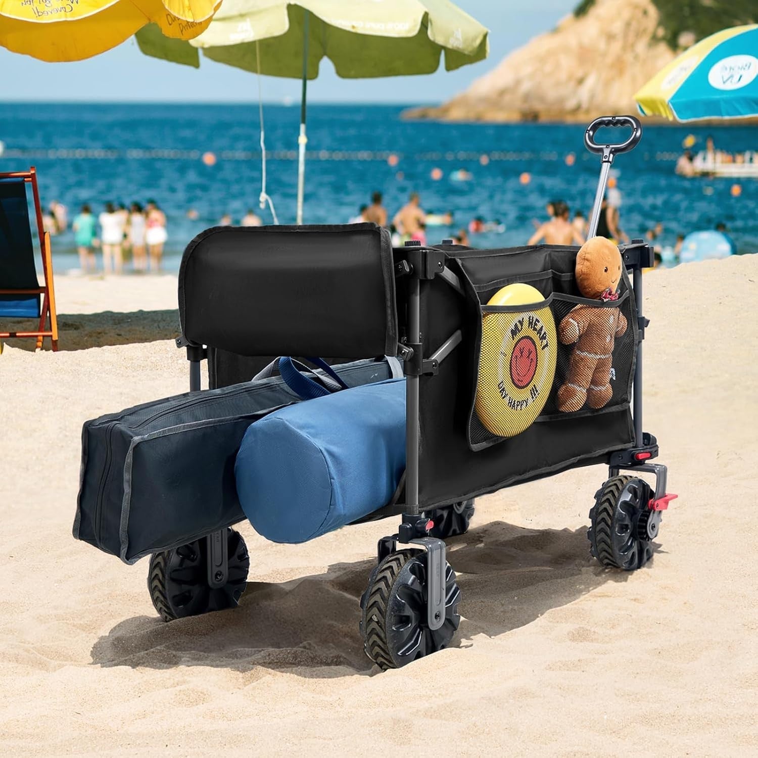 Black 350L Folding Beach Trolley XXL Wagon w/ Canopy Tailgate & Brakes