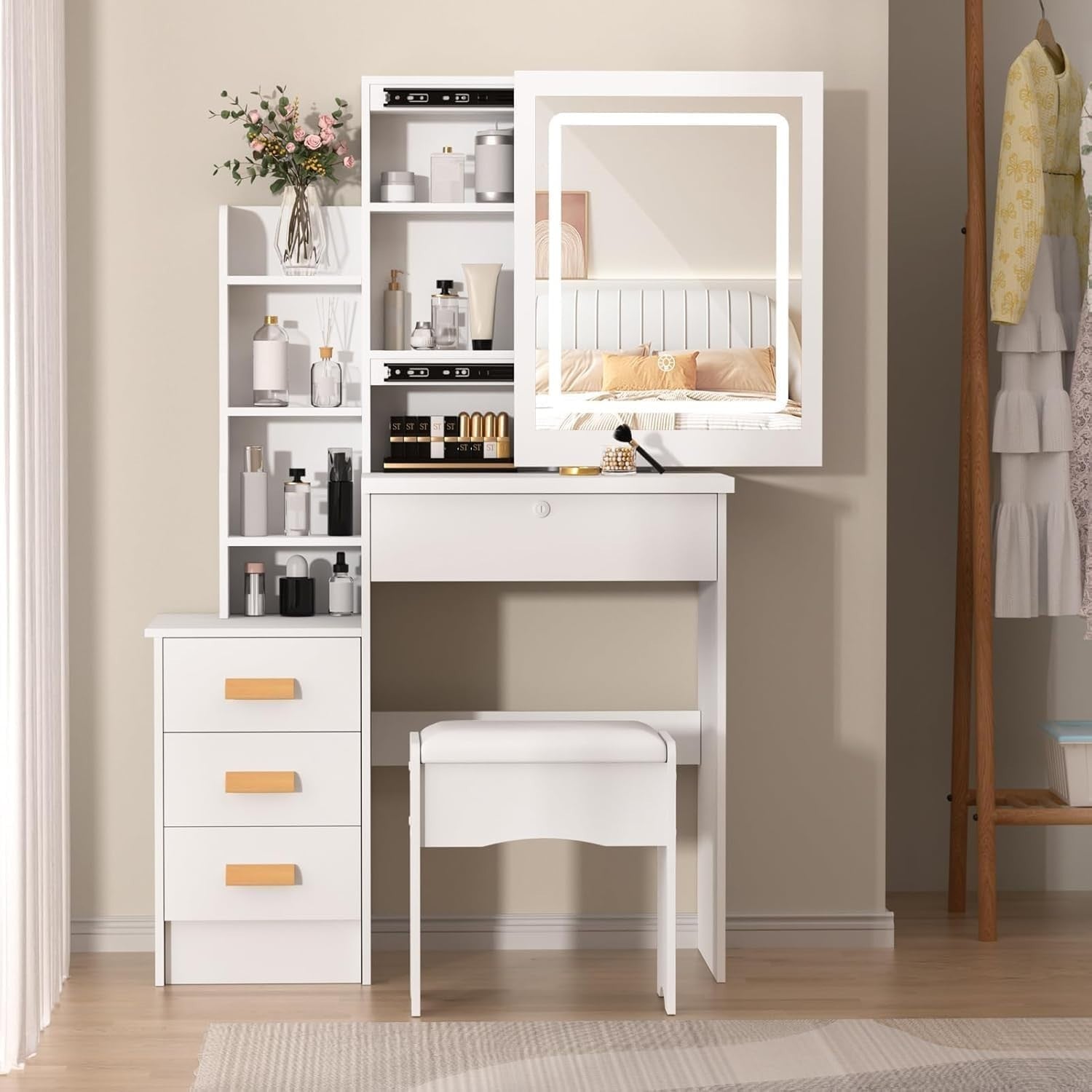 White Vanity Desk w/Sliding Lighted Mirror 4 Drawers Study Table & Stool