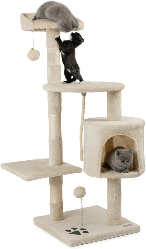 Cat Tree Scratching Post 112cm with Condo Sisal Rope Beige Tower