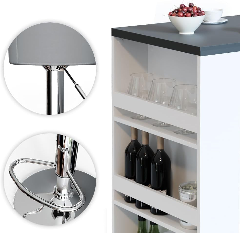 Bar Table Set with 2 Swivel Stools & Storage Shelves Anthracite White Modern