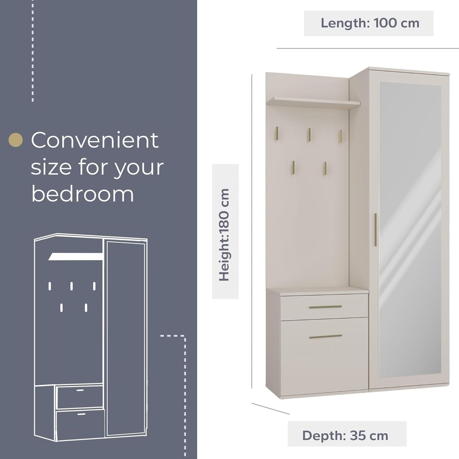 Modern Cashmere Hallway Wardrobe with Hooks, Drawers & Shoe Storage, 180cm
