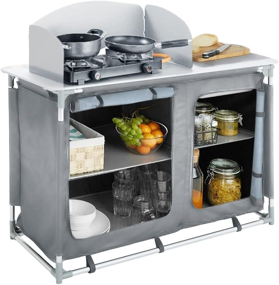 Portable Outdoor Camping Kitchen Cabinet with Windshield & 4 Shelves Storage