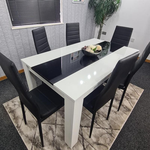 6 Seater Dining Table Set White Black Chairs Modern Kitchen Room MDF 140cm