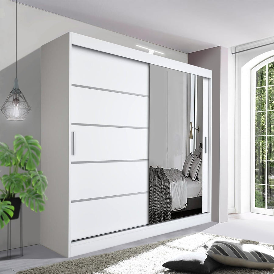 White Sliding Wardrobe 180cm LED Light Modern Bedroom Storage Space Saver