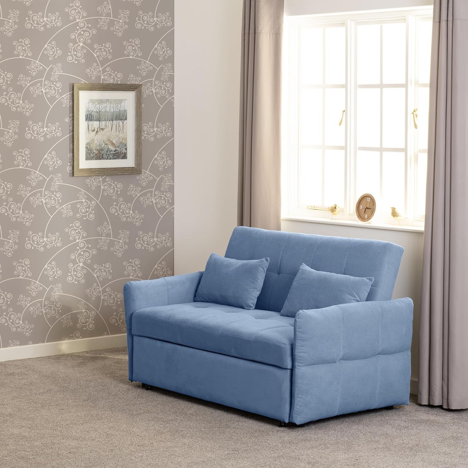 2 Seater Blue Sofa Bed Pull Out Guest Bed Sleeper Couch for Small Spaces