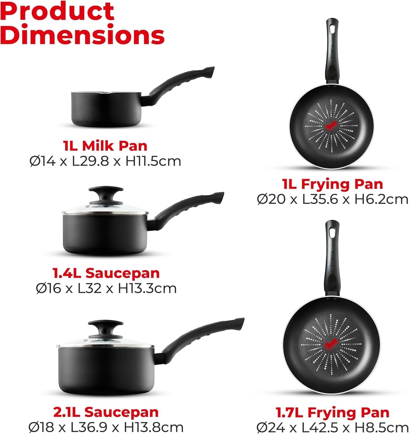 5Pcs Black Smart Start Non Stick Cookware Set, Oven Safe, Easy Clean, PFOA-Free