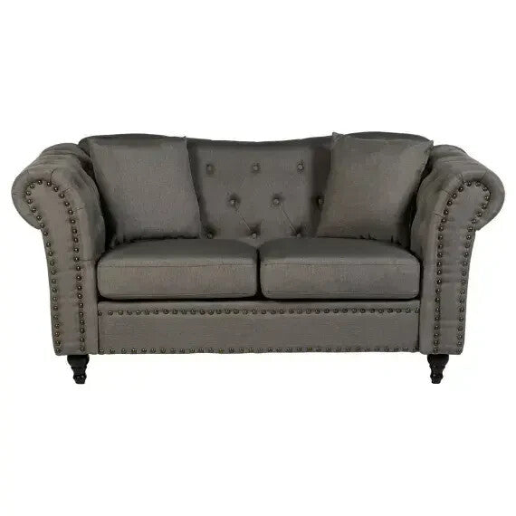 2 Seater Grey Chesterfield Sofa | Button Tufted Fabric Couch with Scroll Arms