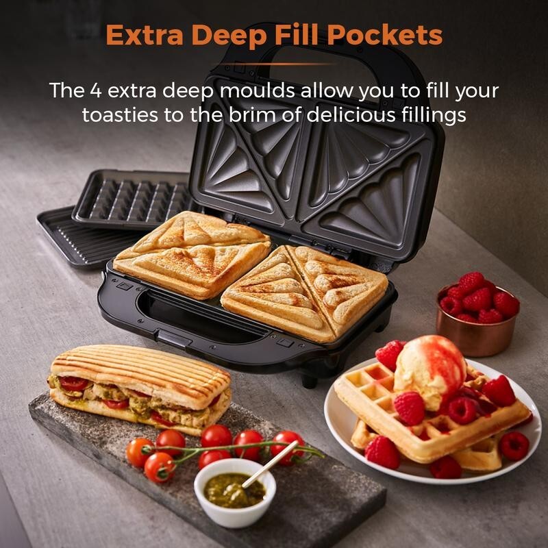 Tower 3-in-1 Deep Fill Sandwich Waffle Grill Maker | 900W Non-Stick Plates