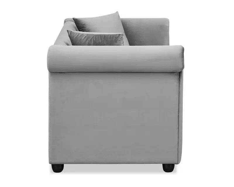 2 Seater Chesterfield Sofa Grey Velvet Scroll Arms Plush Living Room