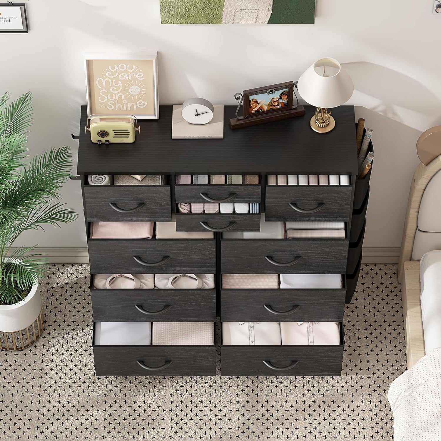 Black Wood Grain 10 Drawer Tall Chest with Fabric Drawers & Side Storage