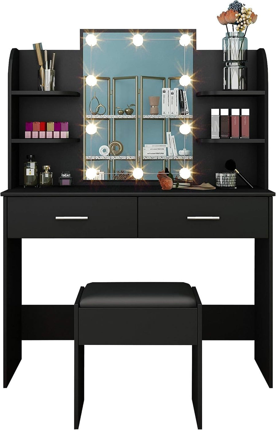 Black Vanity Dressing Table w/ LED Mirror Lights Faux Leather Stool Storage
