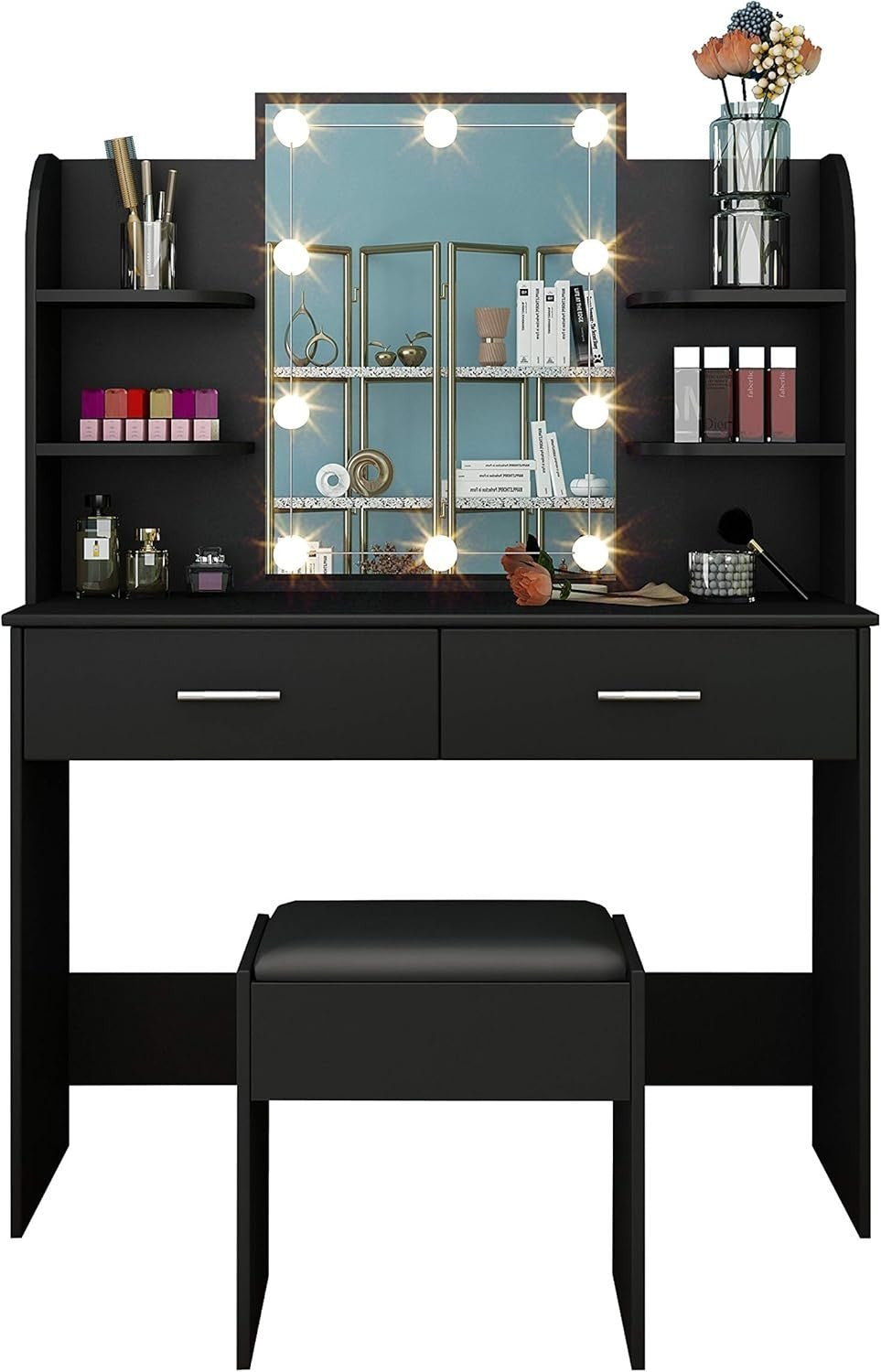Black Vanity Dressing Table w/ LED Mirror Lights Faux Leather Stool Storage