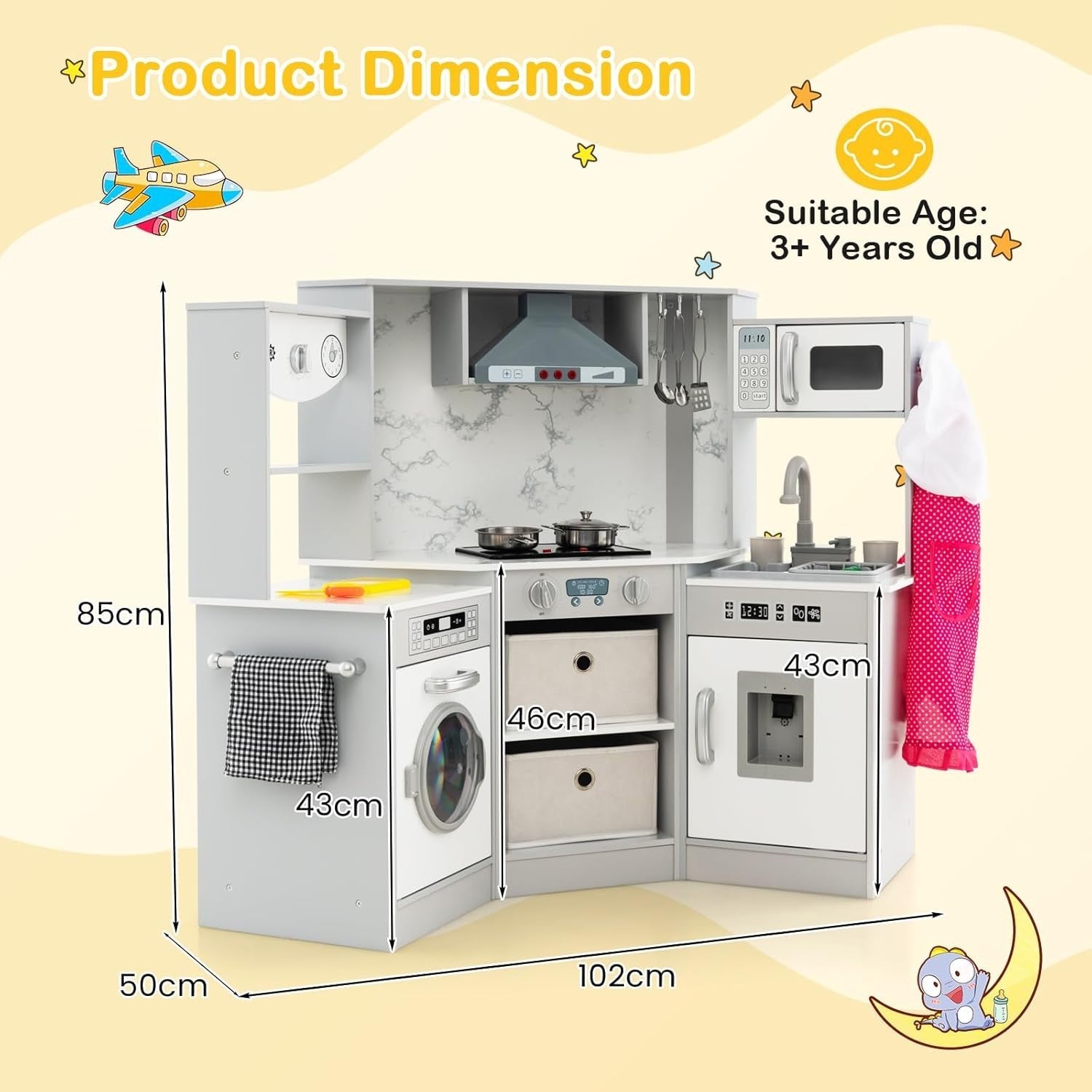 Corner Kids Play Kitchen Gray w/ Lights Sounds Running Water Set
