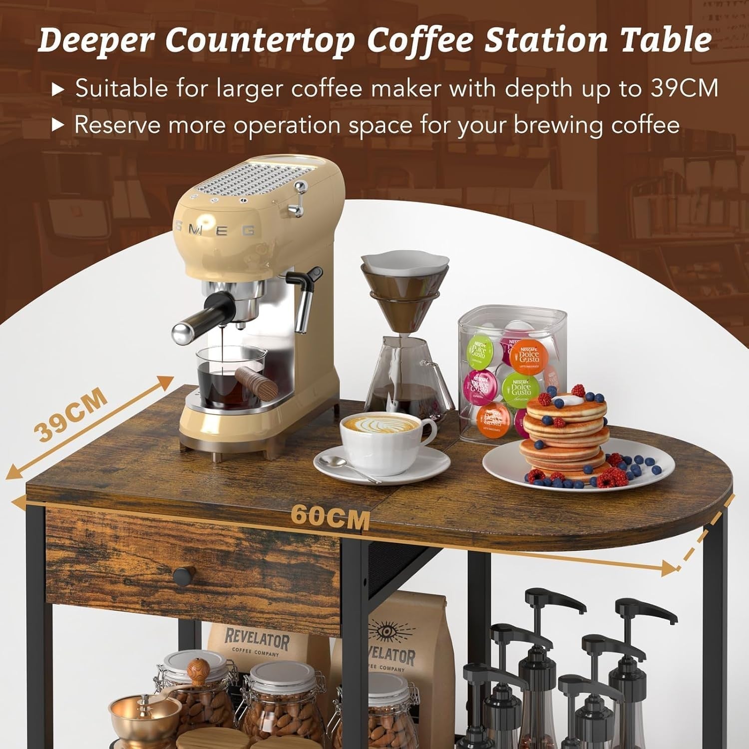 Coffee Station Trolley on Wheels 4 Tier Storage Cart with Drawer & Shelves