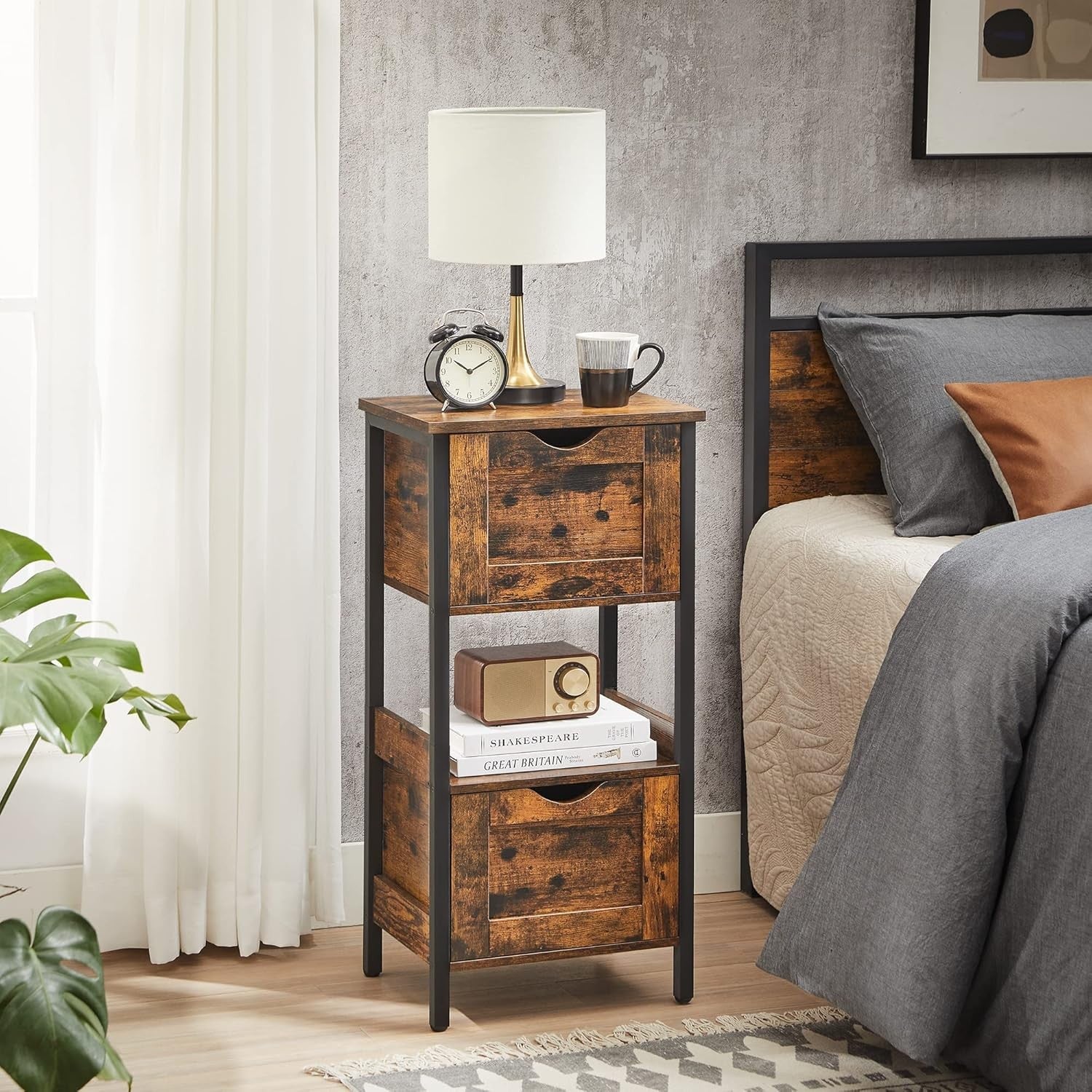 Rustic Brown Bathroom Cabinet – 2 Drawers + Open Shelf Industrial Storage Unit