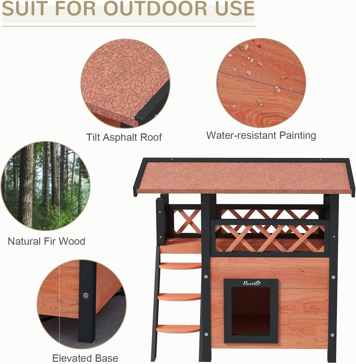 Outdoor Two-Tier Wooden Cat House with Balcony & Asphalt Roof, Weatherproof