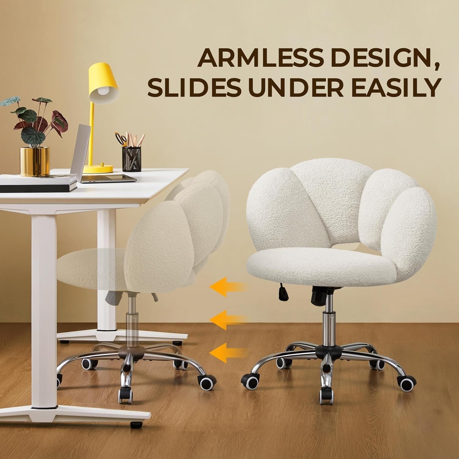 White Boucle Cloud Vanity Chair Swivel Adjustable Desk Chair with Wheels