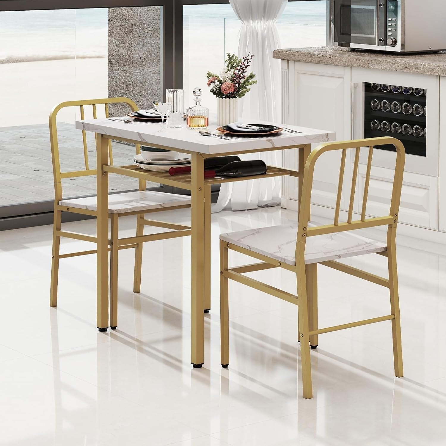 3 Piece Space-Saving Dining Table Set with Storage Rack & Gold Metal Legs