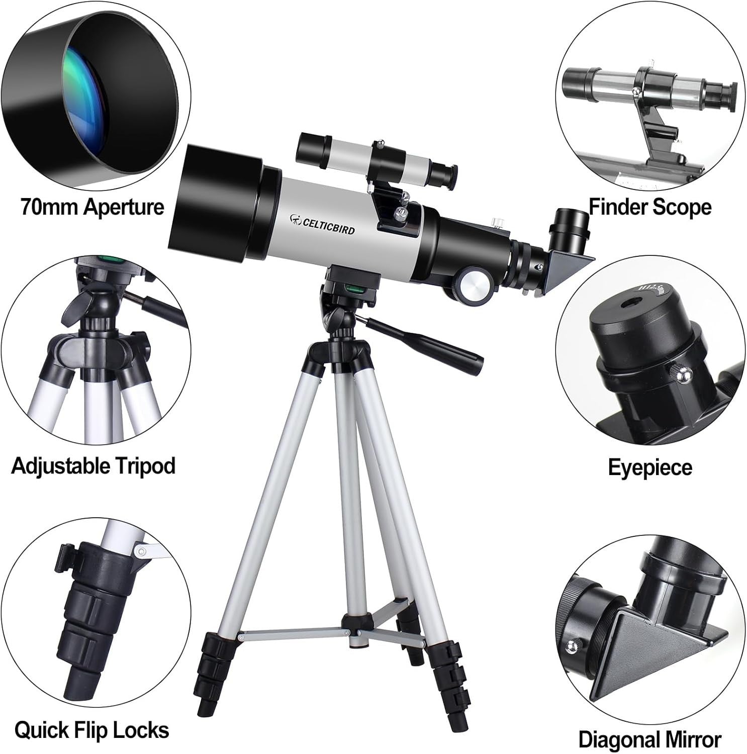 70mm Aperture 400mm Astronomical Refracting Telescope for Kids & Adults