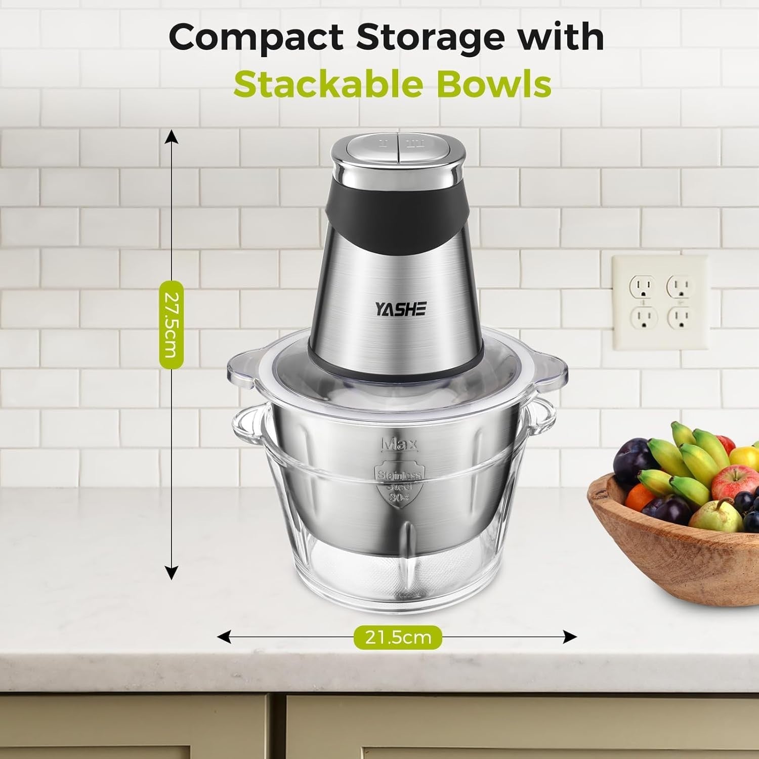 500W Food Processor Chopper 1.8L Glass 2L Steel Bowl Dual Blade