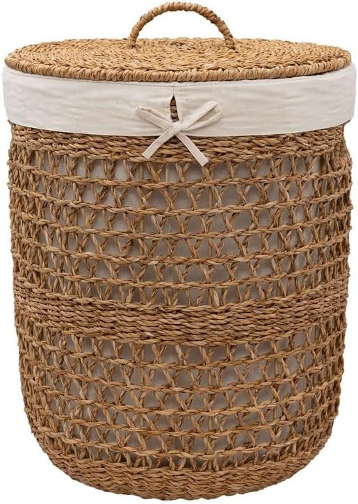 Extra Large Seagrass Laundry Basket with Lid & Removable Liner | Handwoven Hampe