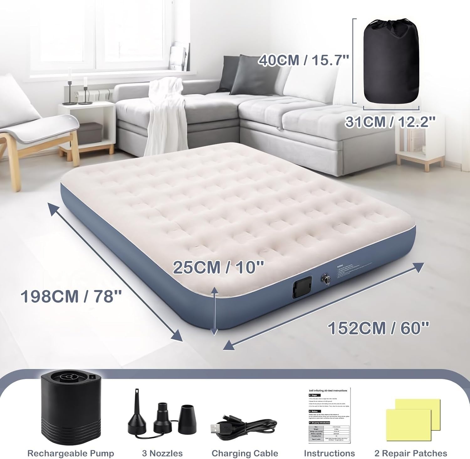 Double Inflatable Air Bed Built-In Pump One-Click Self Inflating Mattress