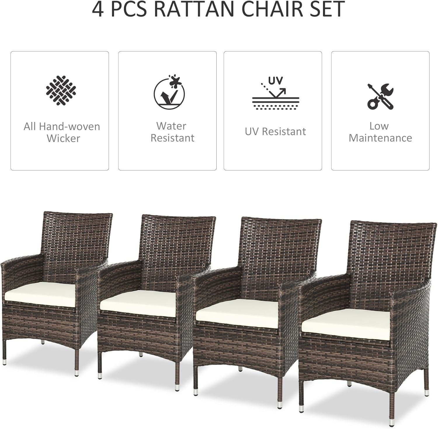 Set of 4 Rattan Garden Chairs with Cushions High Back Patio Dining Seating