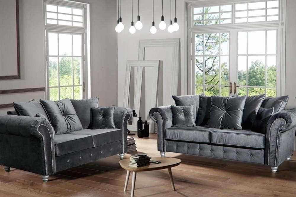 Plush Grey 3+2 Seater Sofa Set | Velvet Fabric | Modern Living Room