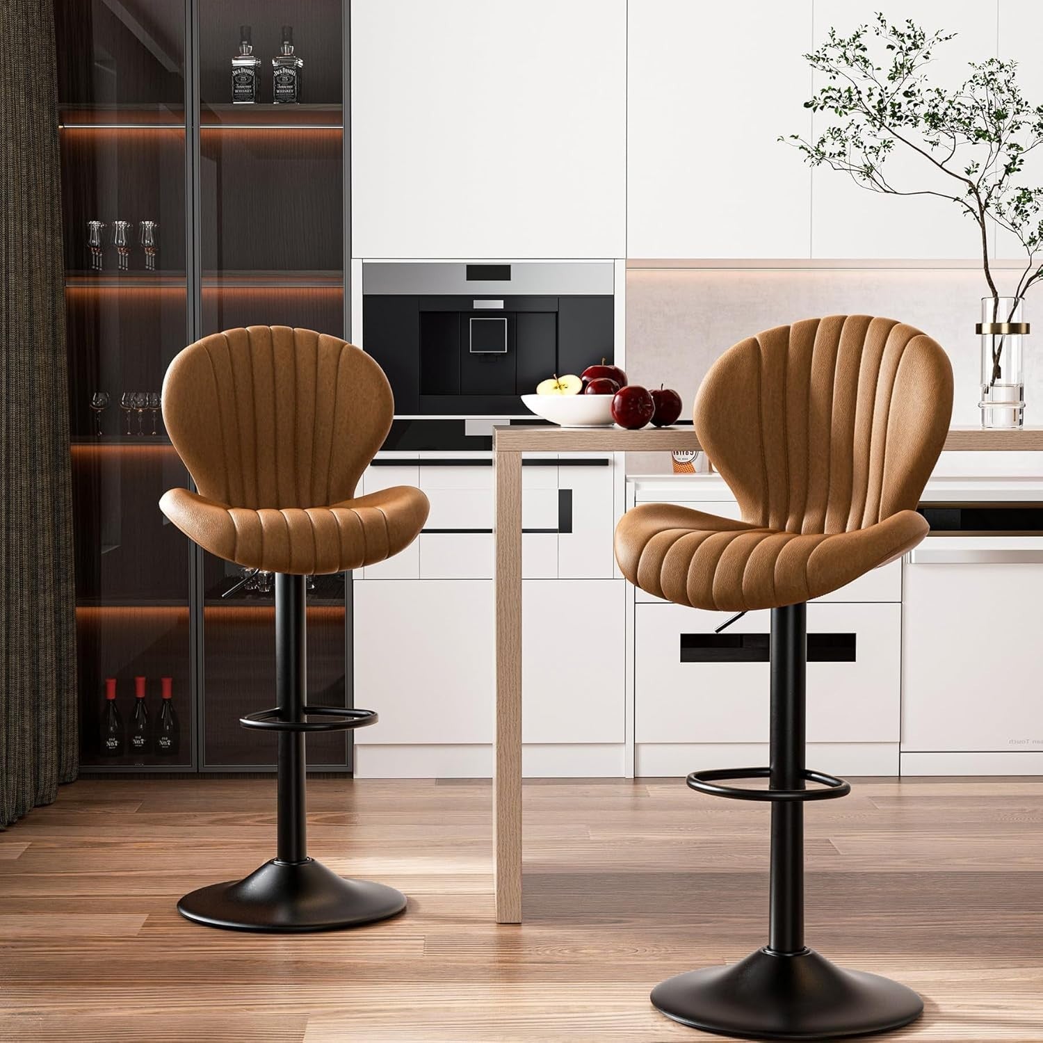 Brown Fabric Bar Stools Set of 2 Swivel Wooden Metal Counter Chairs